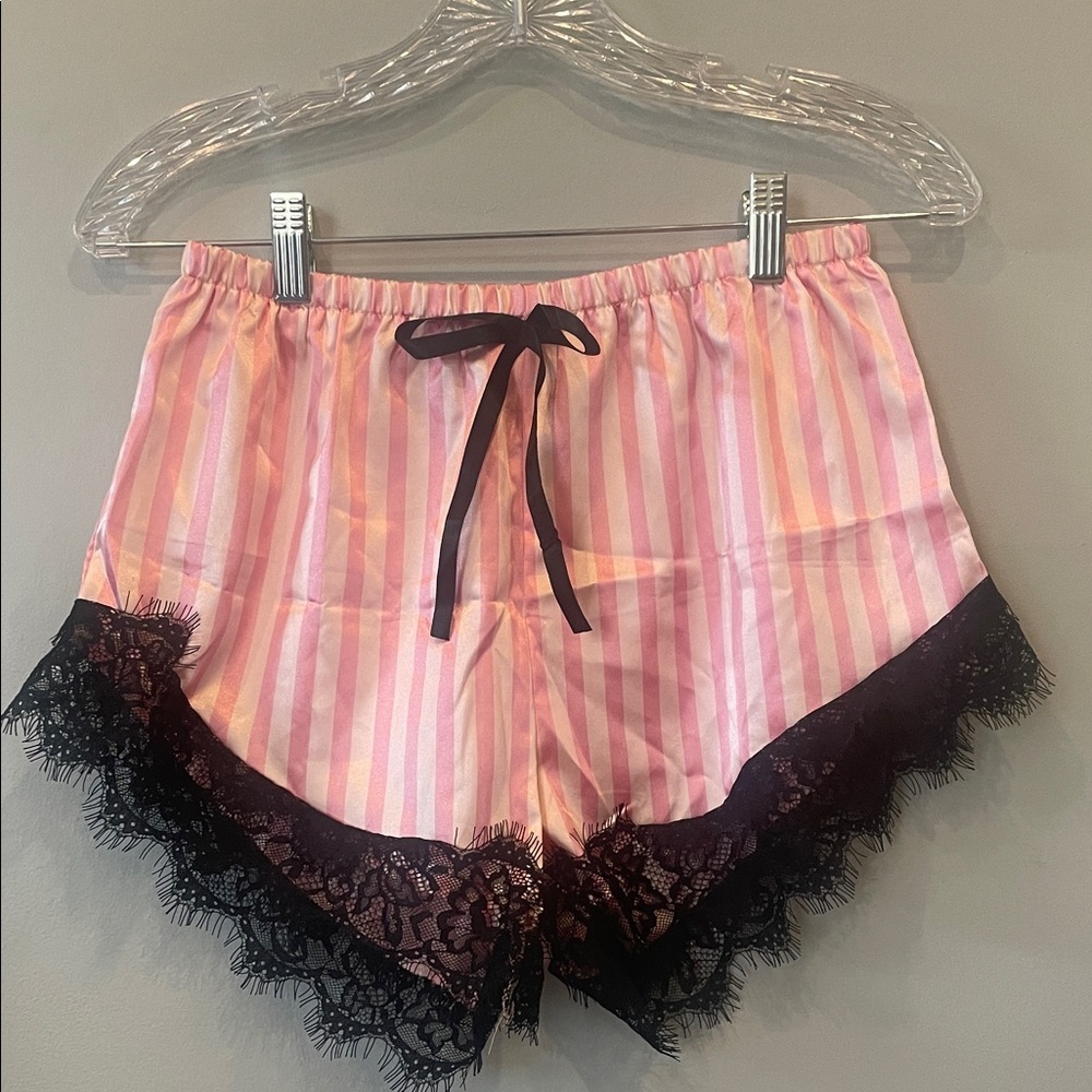 Pink Striped black  Lace Trim Sleep Shorts small like new